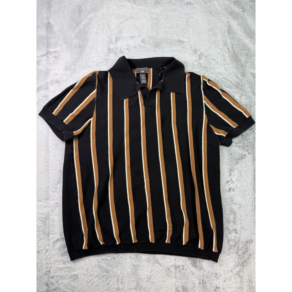 H&M Men's Striped Polo Shirt Black Brown Cream Regular Fit Size Large L